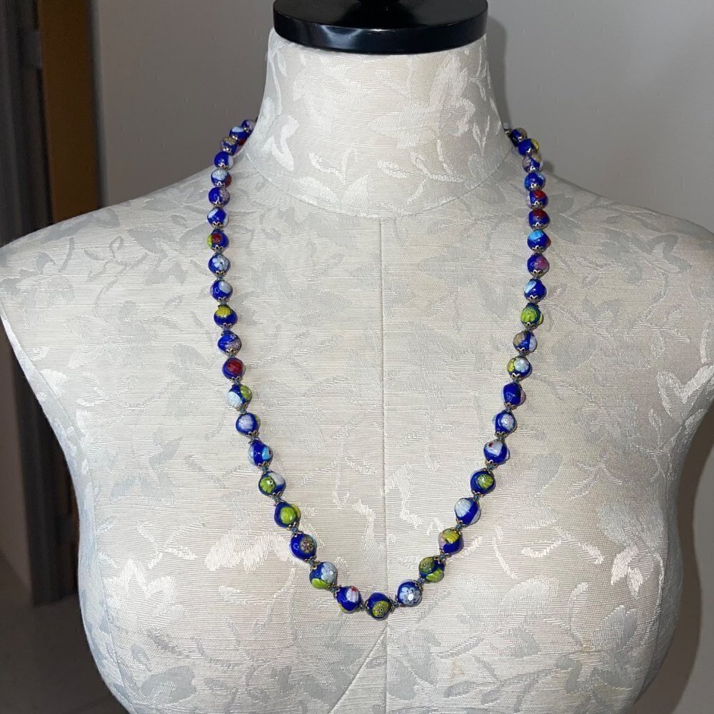 Vintage Millefiore Beaded Necklace 27 Inches Blue Multicolor Made In Italy